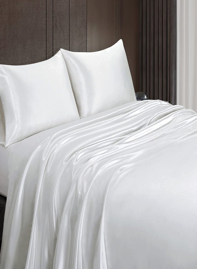 Homiest 4pcs Satin Sheets Set Luxury Silky Satin Bedding Set with Deep Pocket, 1 Fitted Sheet + 1 Flat Sheet + 2 Pillowcases (Queen Size, White) - Image 4